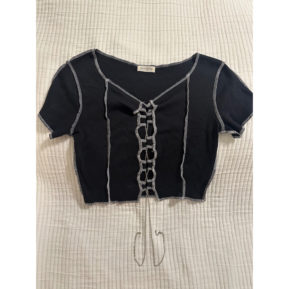 Occasion Black Ribbed Crop Top White Contrast Stitch Chain Lace Up Small Goth